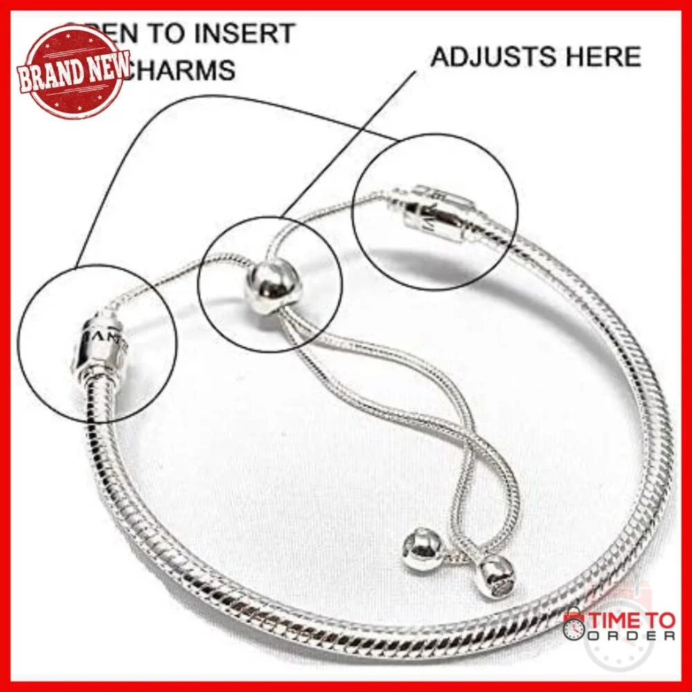 Adjustable Sterling Silver Snake Chain Charm Bracelet, Pandora Compatible